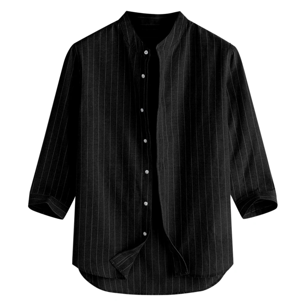 Men's Cotton Linen Long Sleeve Polo Shirt — Stand Collar Casual Beach Style Top
