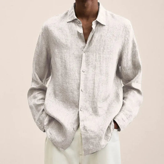 Men's Solid Color Long Sleeve Casual Shirt — Lapel Button-Up Loose Fit Smart Casual Top