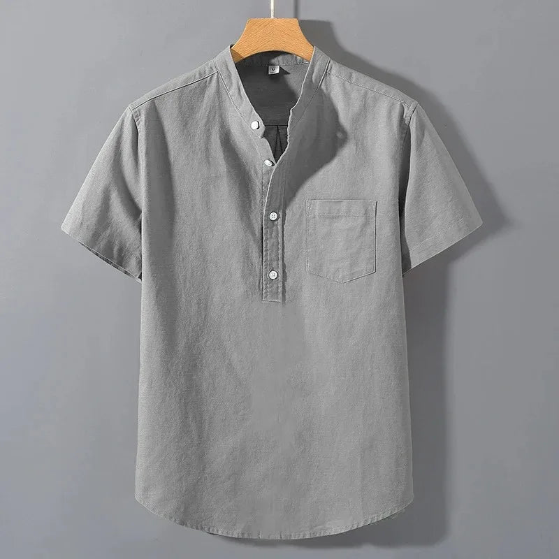 Men's Stand-Up Collar Cotton T-Shirt — Breathable Loose Fit Short Sleeve Summer Top