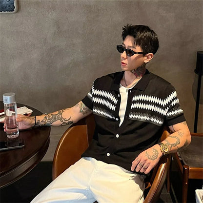 Men's Color-Block Argyle Knit Polo Shirt — Short Sleeve Preppy Streetwear Top