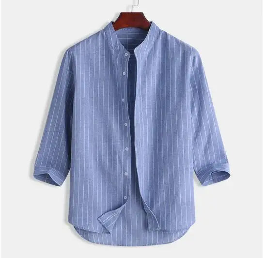 Men's Cotton Linen Long Sleeve Polo Shirt — Stand Collar Casual Beach Style Top