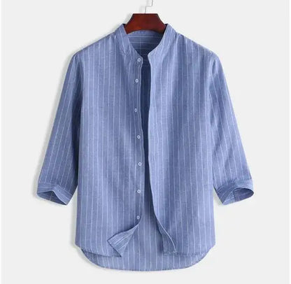 Men's Cotton Linen Long Sleeve Polo Shirt — Stand Collar Casual Beach Style Top