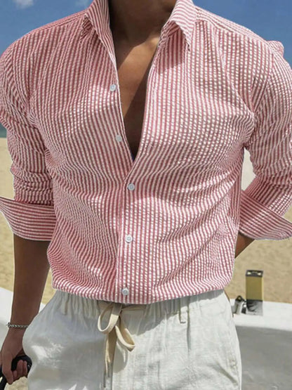 Men's Loose Fit Striped Long Sleeve Shirt — Casual All-Season Outdoor Top