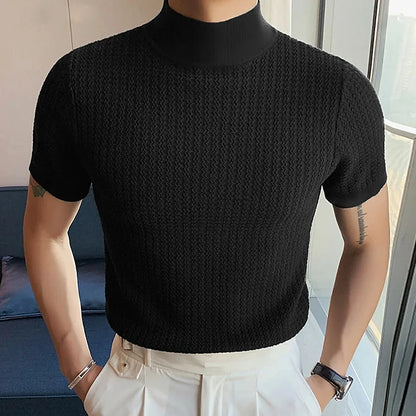 Men's High Neck Water Ripple Knitted T-Shirt — Slim Fit Breathable Casual Summer Top | 4 Colors S–XXXL