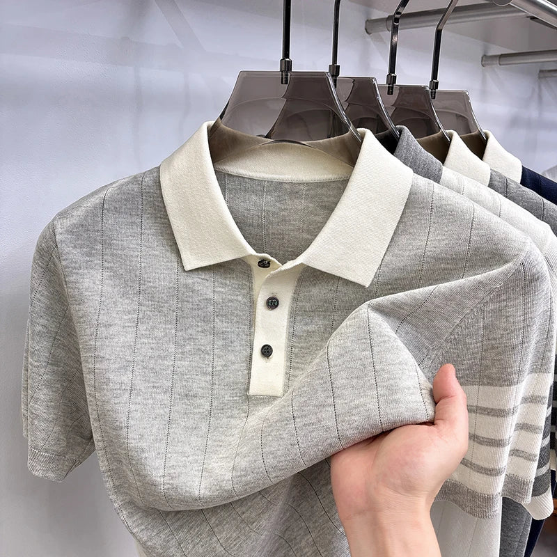 Men's Color Block Knitted Polo Shirt — Short Sleeve Striped Casual Summer T-Shirt Korean Style