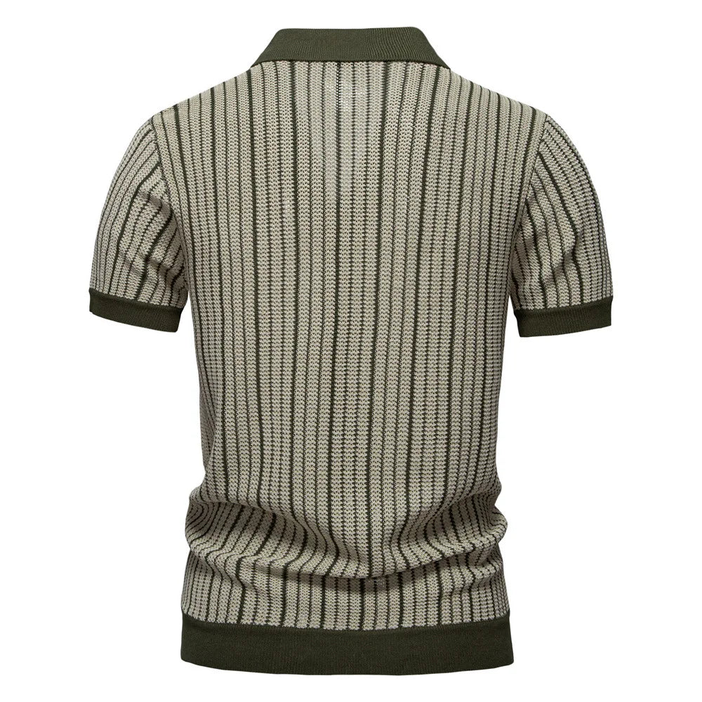 Men's Knitted Striped Polo Shirt — Short Sleeve Single Breasted Breathable Smart Casual Summer Top
