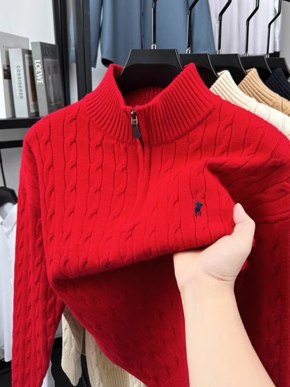 Men's Embroidered Mock Neck Knit Pullover — Luxury Half-Zip Casual Winter Sweater