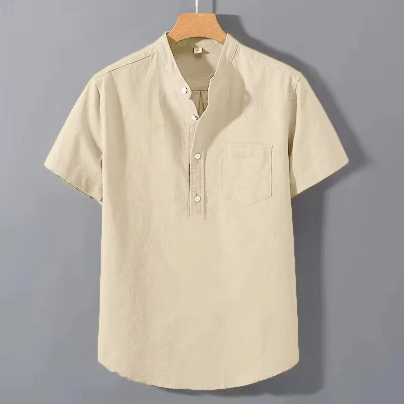 Men's Stand-Up Collar Cotton T-Shirt — Breathable Loose Fit Short Sleeve Summer Top