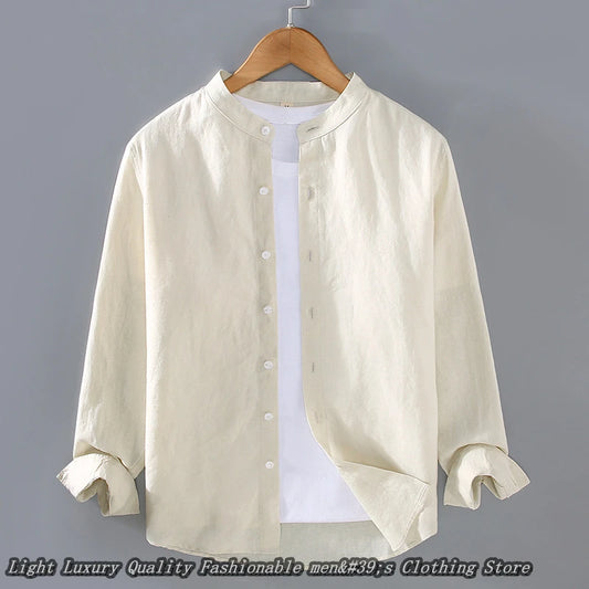 Men's Linen Mandarin Collar Casual Shirt — Solid Color Full Sleeve | 12 Colors S–6XL