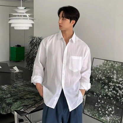 Men's Linen Blend Long Sleeve Shirt — UV Protection Korean Minimalist Casual Button-Down