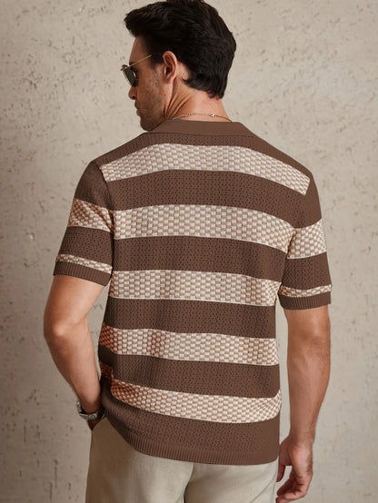 Men's Contrast Color Knitted Polo Shirt — Turn-Down Collar Short Sleeve Summer Top