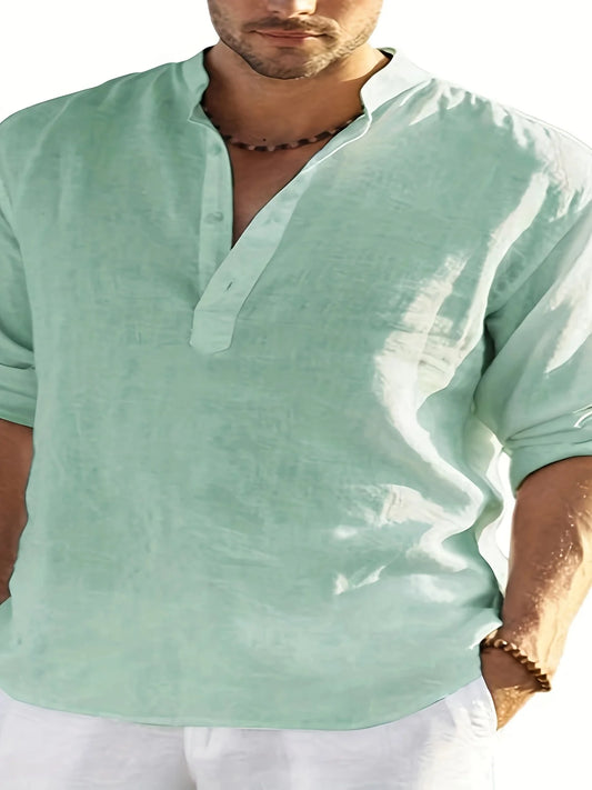 Men's Long Staple Cotton Linen Stand Collar Shirt — Breathable Loose Fit Solid Color Casual Top | 13 Colors S–XXXL