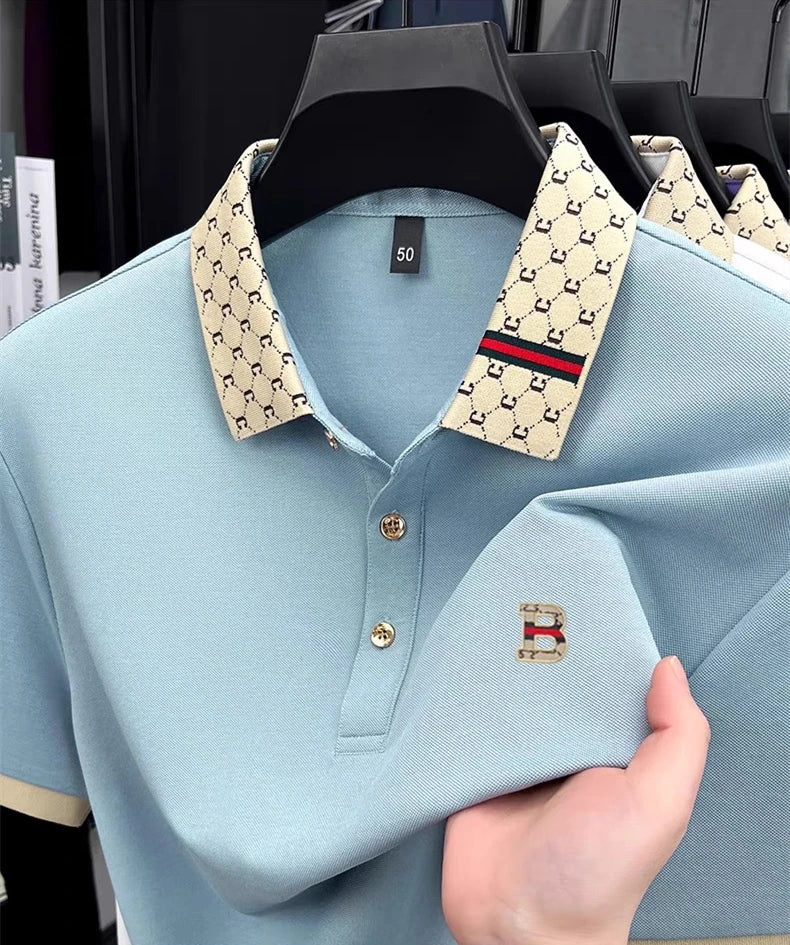 Men's Luxury Letter Embossed Polo Shirt — Color Block Lapel Short Sleeve Summer Top