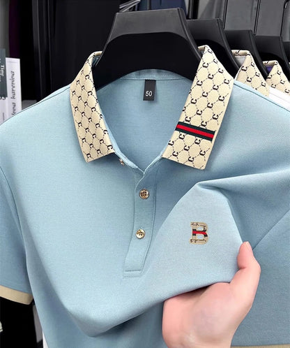 Men's Luxury Letter Embossed Polo Shirt — Color Block Lapel Short Sleeve Summer Top