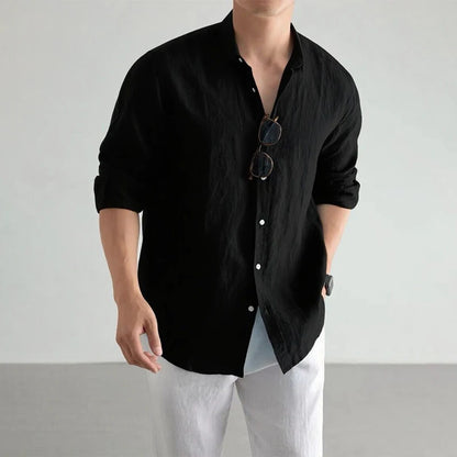 Men's Cotton-Linen Long Sleeve Baggy Shirt — Solid Casual Button-Up | 8 Colors S–XXL