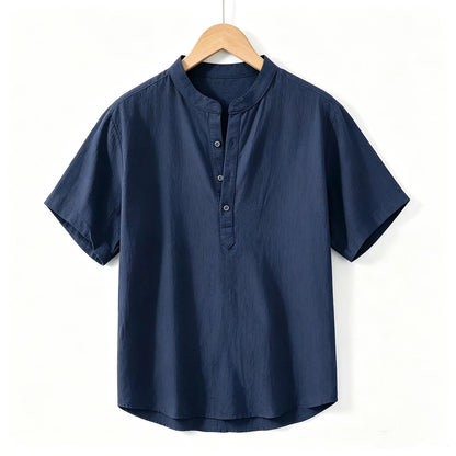 Men's Cotton Linen Short Sleeve Henley Beach Shirt — Lightweight Casual Hawaiian T-Shirt