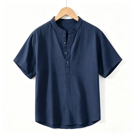 Men's Cotton Linen Short Sleeve Henley Beach Shirt — Lightweight Casual Hawaiian T-Shirt