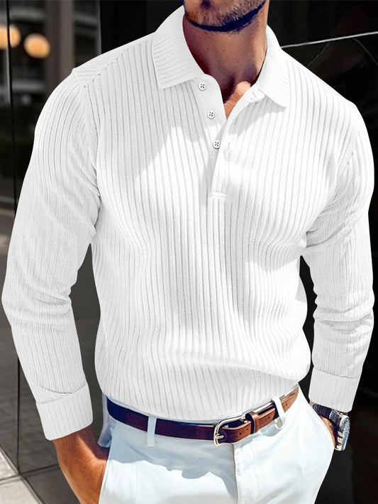 Men's Striped Long Sleeve Polo Shirt — Light Luxury Business Casual Retro Outdoor Top