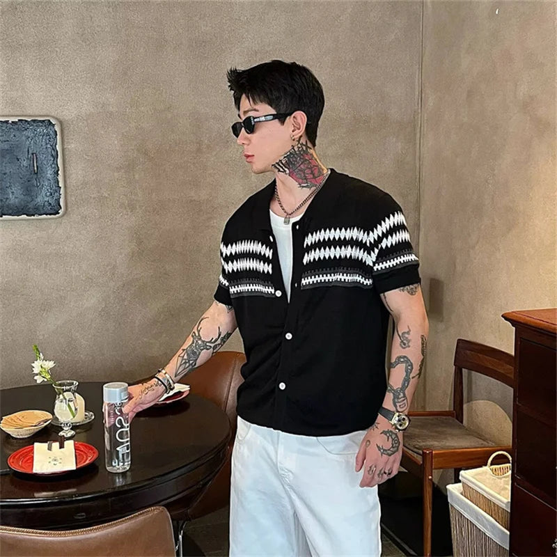 Men's Color-Block Argyle Knit Polo Shirt — Short Sleeve Preppy Streetwear Top