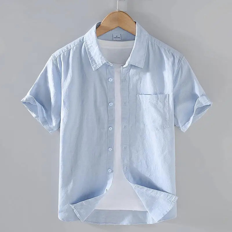 Men's Mandarin Collar Short Sleeve Casual Shirt — Cotton Blend Vintage Beach Style | 8 Colors Asia M–5XL