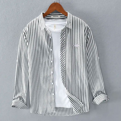 Men's Striped Long Sleeve Shirt — Square Neck Button Slim Fit Casual Outerwear