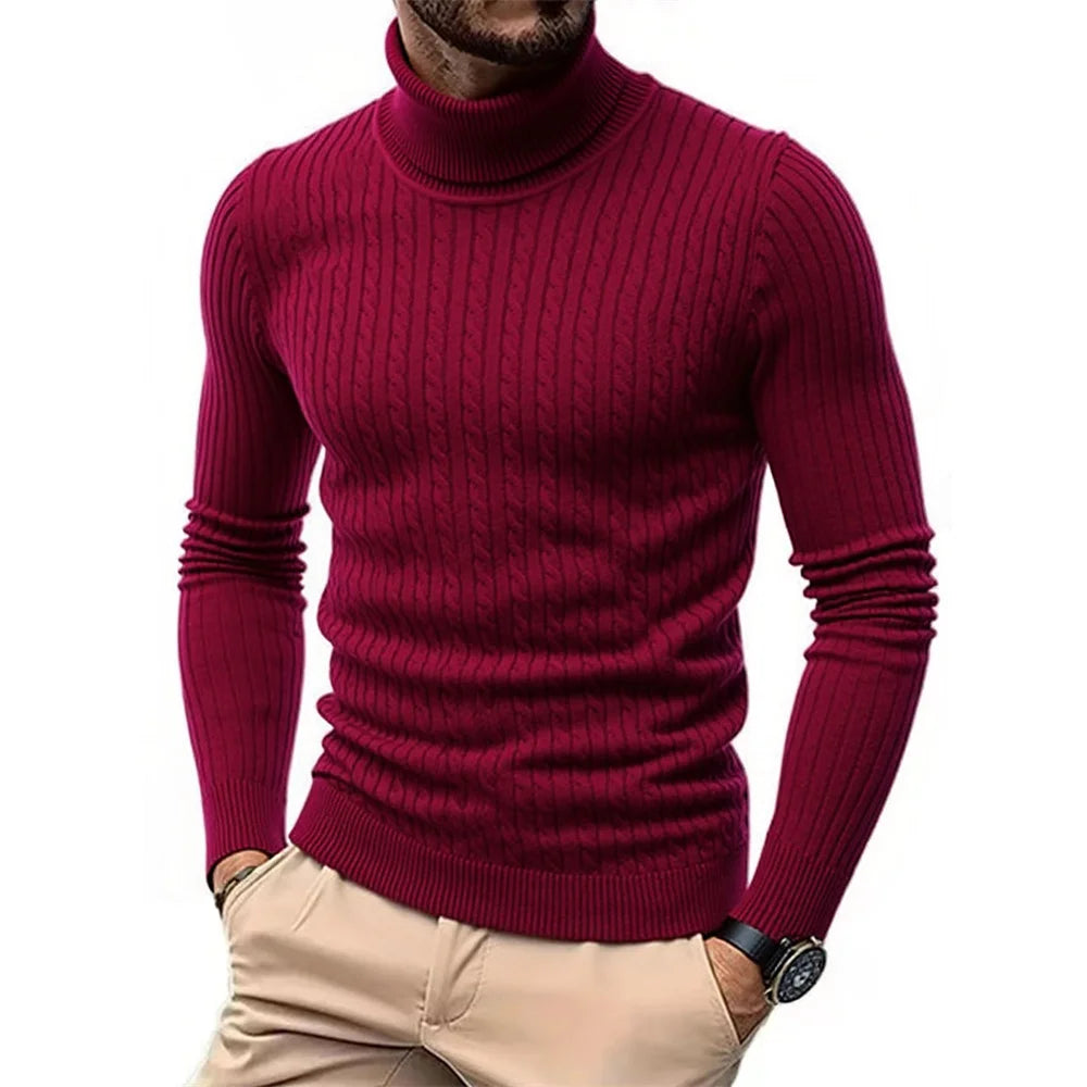 Men's Turtleneck Knitted Pullover Sweater — Slim Fit Jacquard Striped Cozy Knitwear Autumn Winter