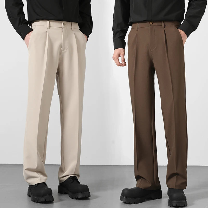 Men's Loose Straight Suit Pants — Elastic Waist Casual Trousers | Black, Gray, Khaki, Brown
