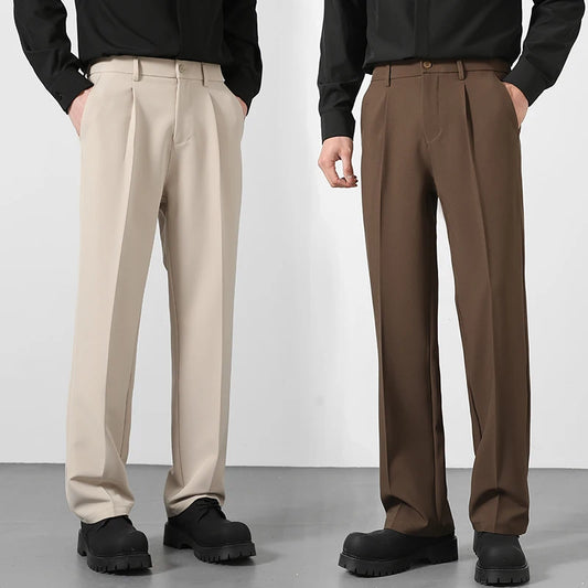 Men's Loose Straight Suit Pants — Elastic Waist Casual Trousers | Black, Gray, Khaki, Brown