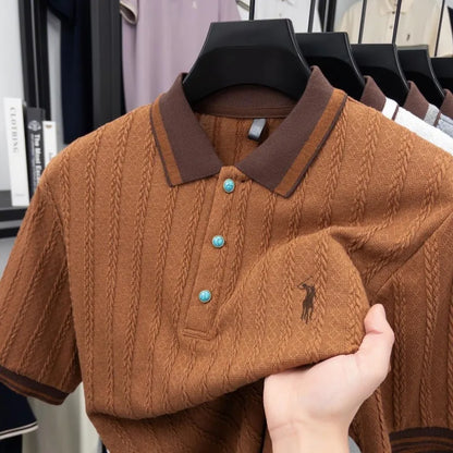 Men's Embroidered Knit Polo Shirt — Breathable Contrast Color Short Sleeve Korean Casual Top