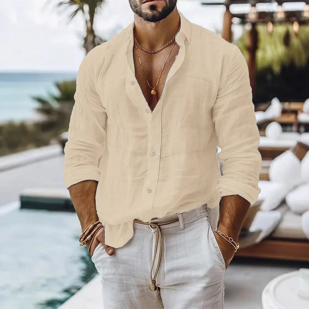 Men's Cotton Linen Long Sleeve Shirt — Solid Color Breathable Casual Button Top