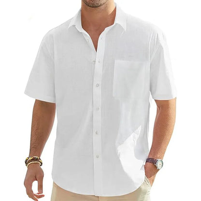Men's Cotton Linen Short Sleeve Shirt — Lightweight Casual Summer Button-Down with Pocket | 5 Colors US S–XXXL