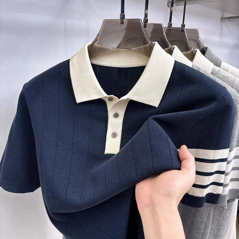 Men's Color Block Knitted Polo Shirt — Short Sleeve Striped Casual Summer T-Shirt Korean Style