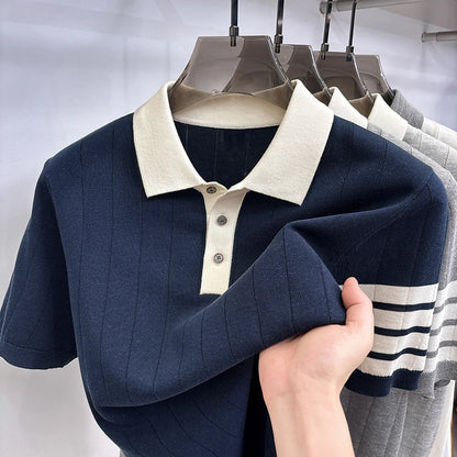 Men's Color Block Knitted Polo Shirt — Short Sleeve Striped Casual Summer T-Shirt Korean Style