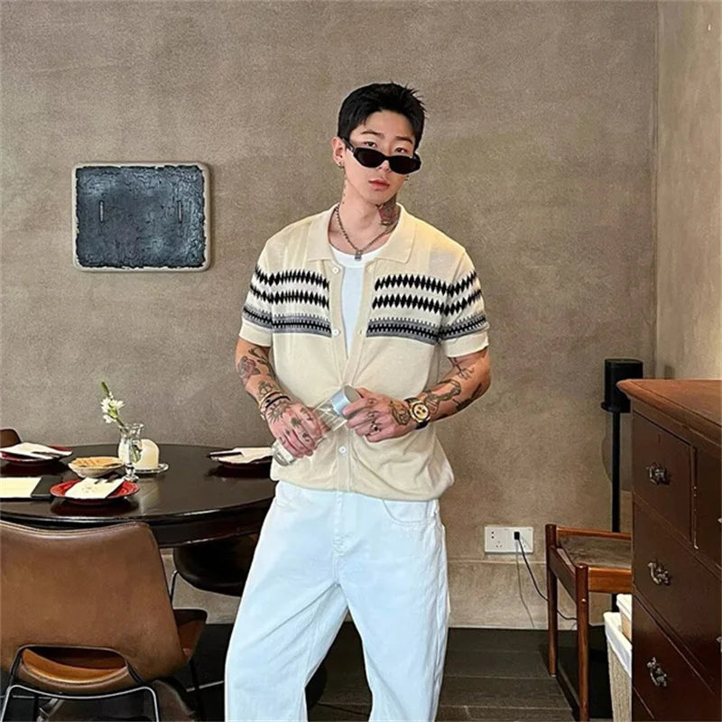 Men's Color-Block Argyle Knit Polo Shirt — Short Sleeve Preppy Streetwear Top