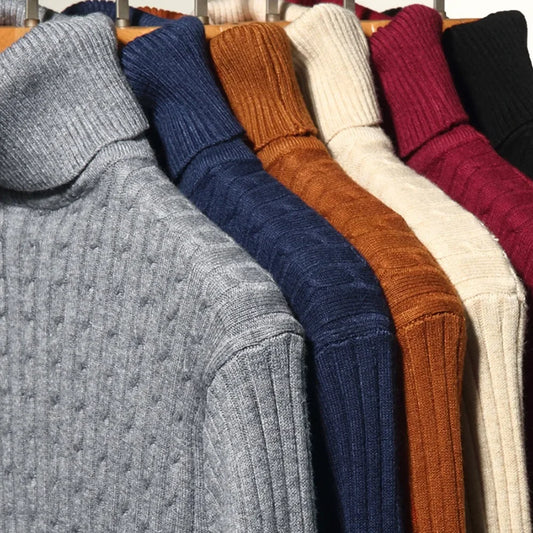 Men's Turtleneck Striped Knit Pullover — Warm Streetwear Sweater | 6 Colors Asian S–XXXL