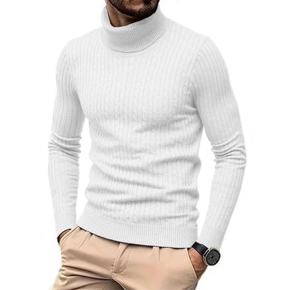 Men's Turtleneck Knitted Pullover Sweater — Slim Fit Jacquard Striped Cozy Knitwear Autumn Winter