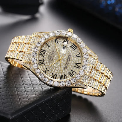 Men's Diamond Rhinestone Quartz Watch — Luxury Gold Bling Calendar Wristwatch