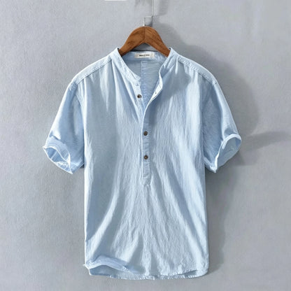 Men's Cotton Linen Short Sleeve Henley Beach Shirt — Lightweight Casual Hawaiian T-Shirt