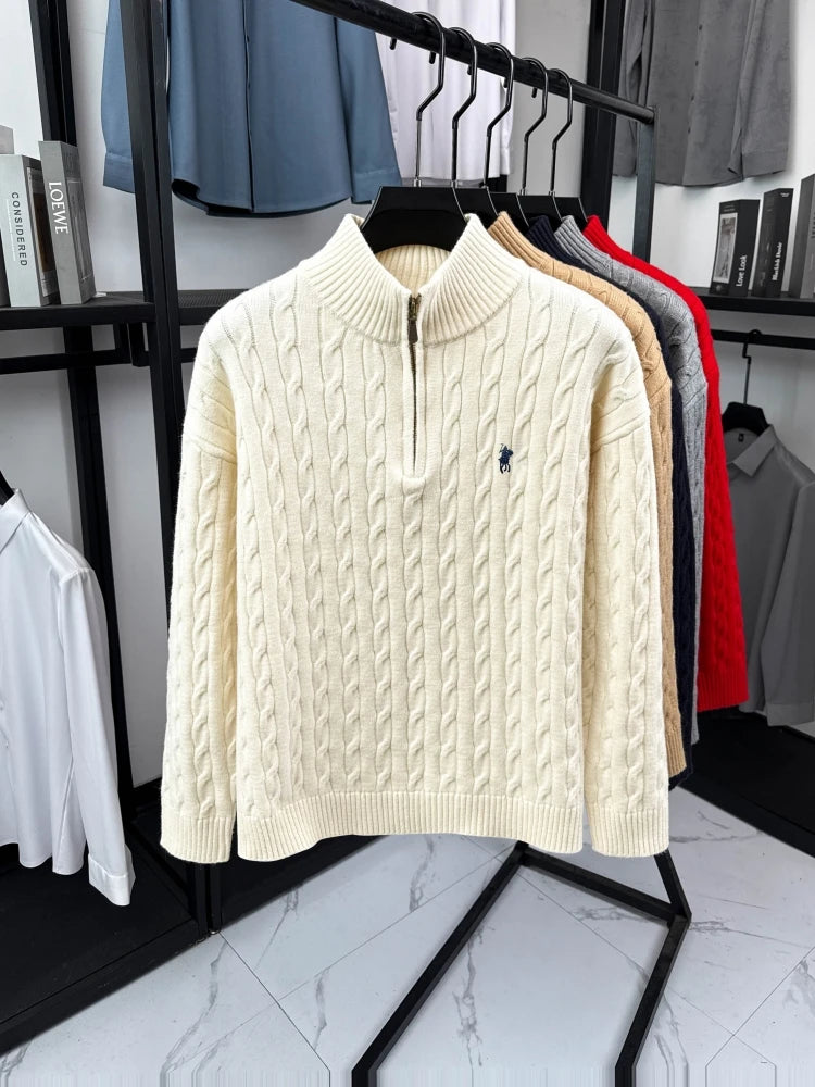 Men's Embroidered Mock Neck Knit Pullover — Luxury Half-Zip Casual Winter Sweater