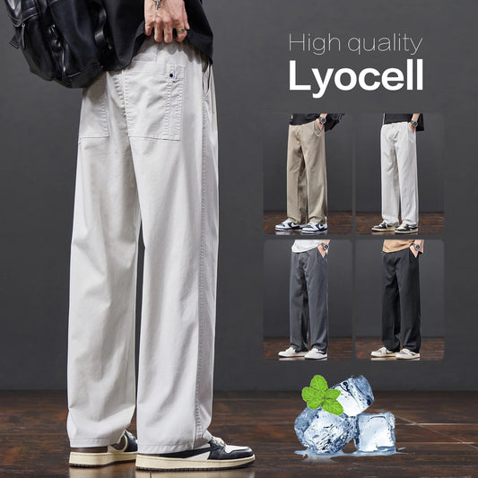 Men's Lyocell Fabric Casual Pants — Thin Loose Straight Elastic Waist Trousers Korean Style