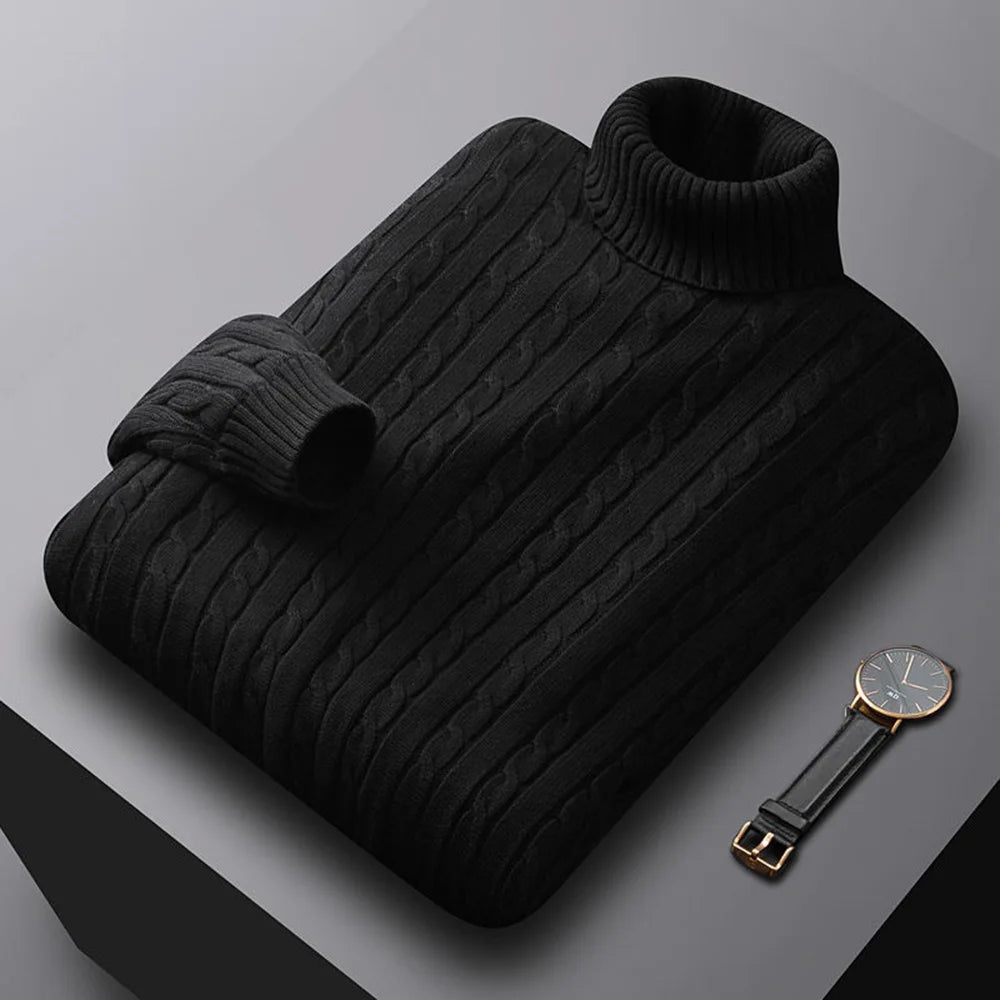 Men's Solid Color High Neck Pullover Sweater — Elastic Knitted Casual Sweatwear Autumn Winter