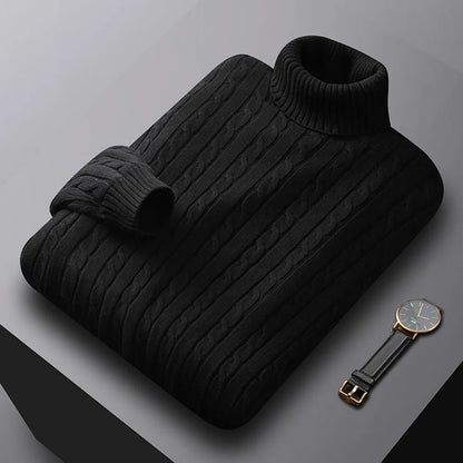 Men's Solid Color High Neck Pullover Sweater — Elastic Knitted Casual Sweatwear Autumn Winter