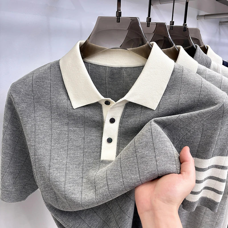 Men's Color Block Knitted Polo Shirt — Short Sleeve Striped Casual Summer T-Shirt Korean Style