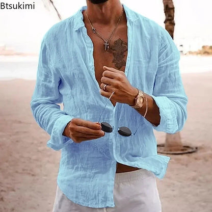 Men's Cotton Linen Casual Shirt — Loose Solid Long Sleeve Button-Up | 12 Colors S–XXXL