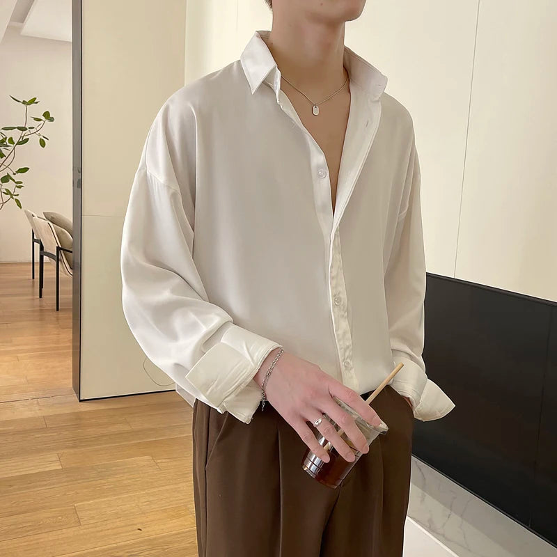 Men's Long Sleeve Ice Silk Dress Shirt — Oversized Korean Loose Fit Formal Casual | 4 Colors M–XXL