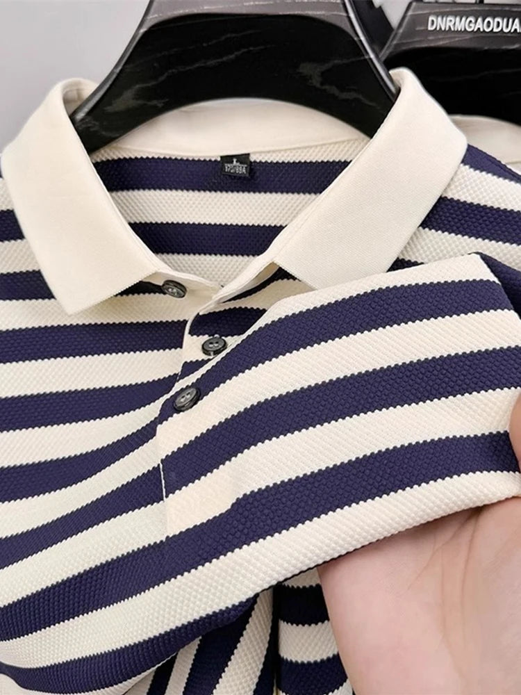 Men's Striped Color-Block Polo Shirt — Short Sleeve Korean Preppy Golf Casual Top