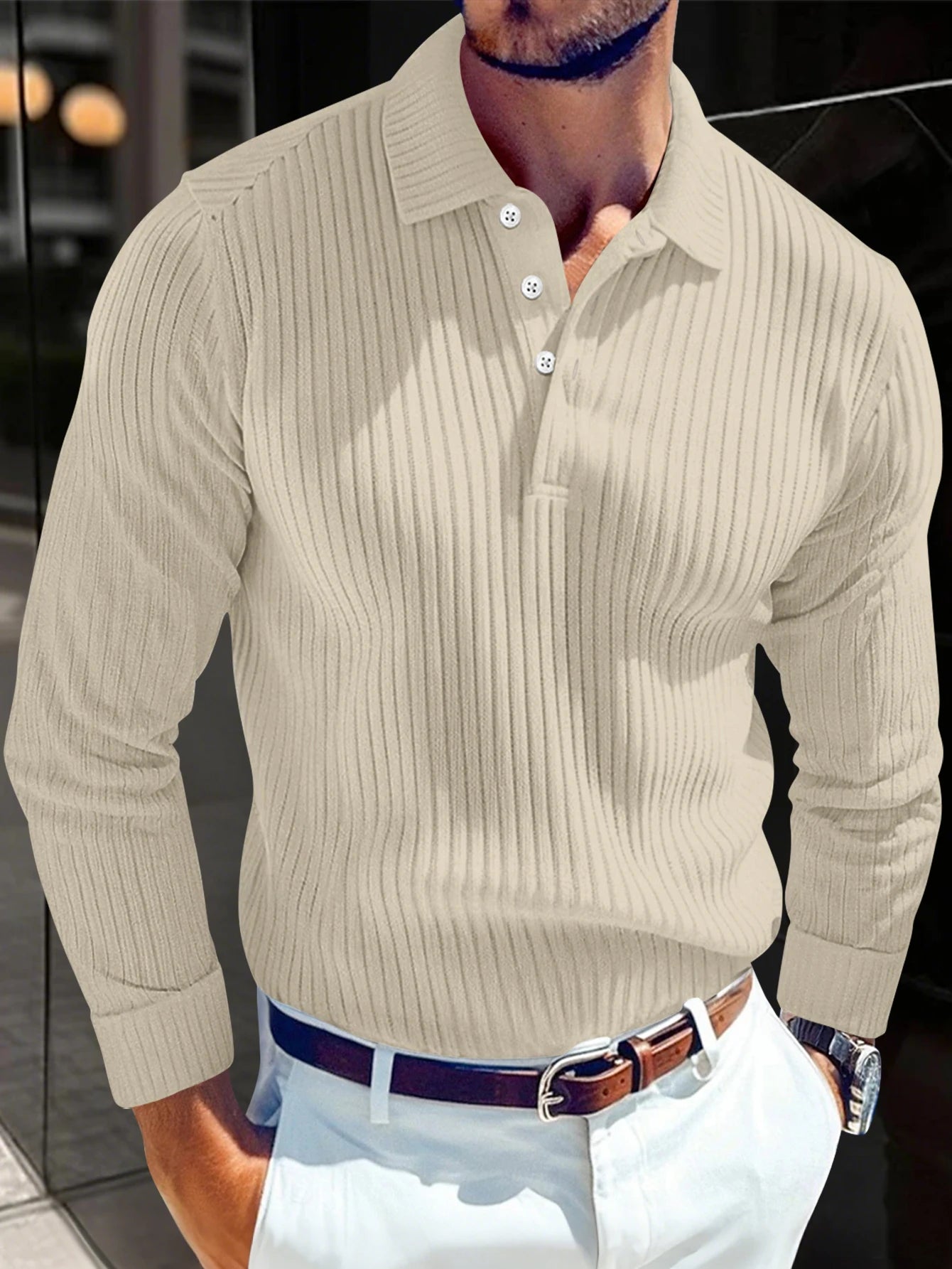 Men's Striped Long Sleeve Polo Shirt — Light Luxury Business Casual Retro Outdoor Top
