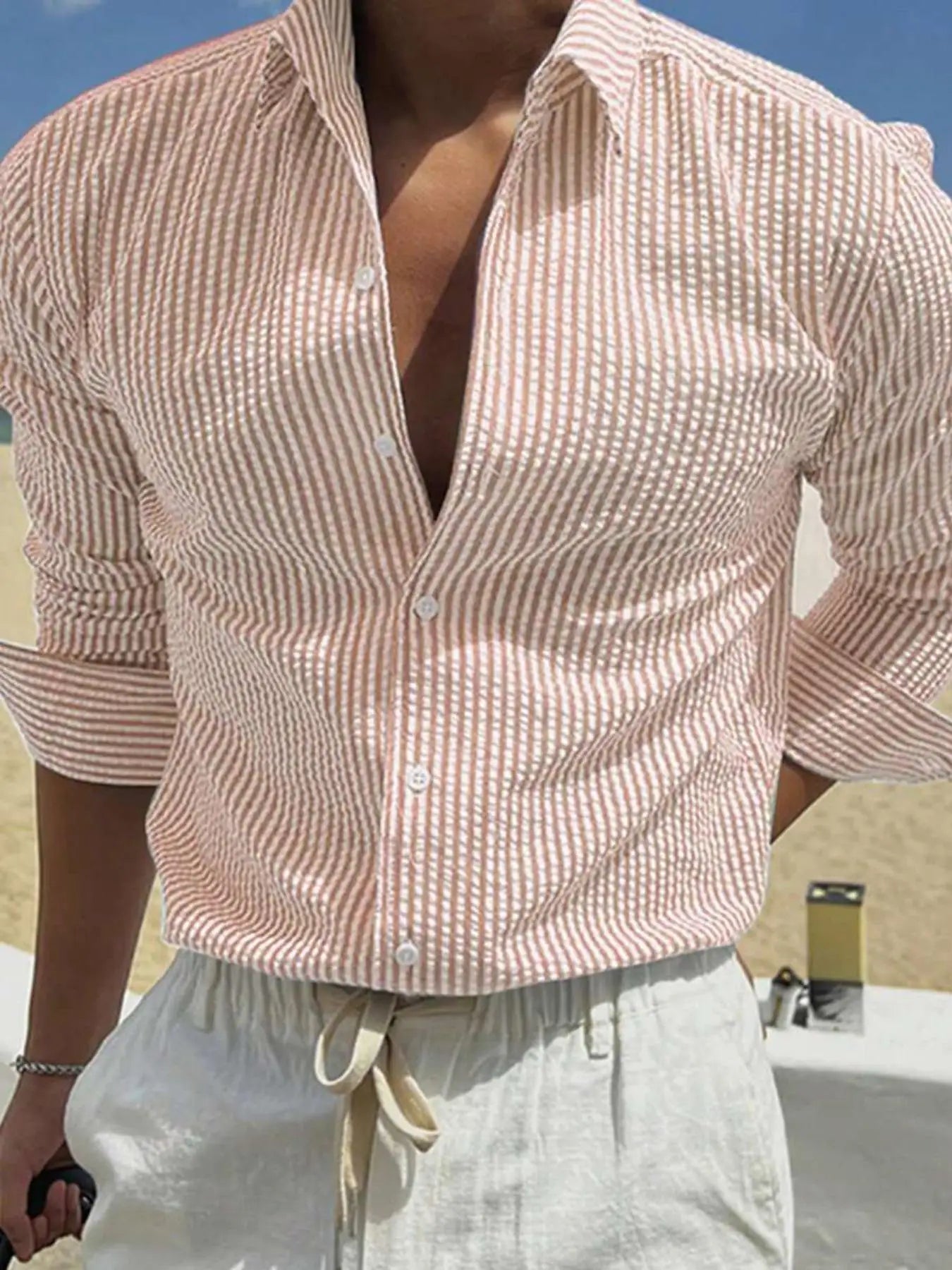Men's Loose Fit Striped Long Sleeve Shirt — Casual All-Season Outdoor Top