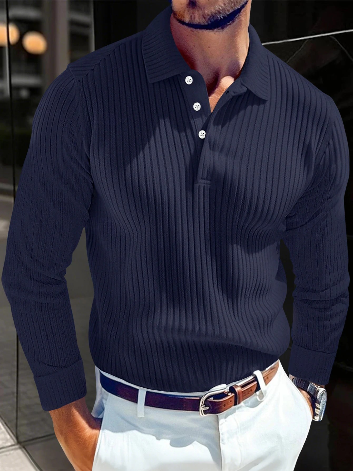 Men's Striped Long Sleeve Polo Shirt — Light Luxury Business Casual Retro Outdoor Top