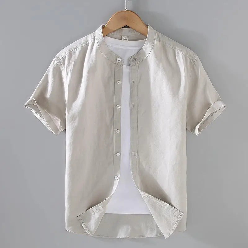 Men's Mandarin Collar Short Sleeve Casual Shirt — Cotton Blend Vintage Beach Style | 8 Colors Asia M–5XL